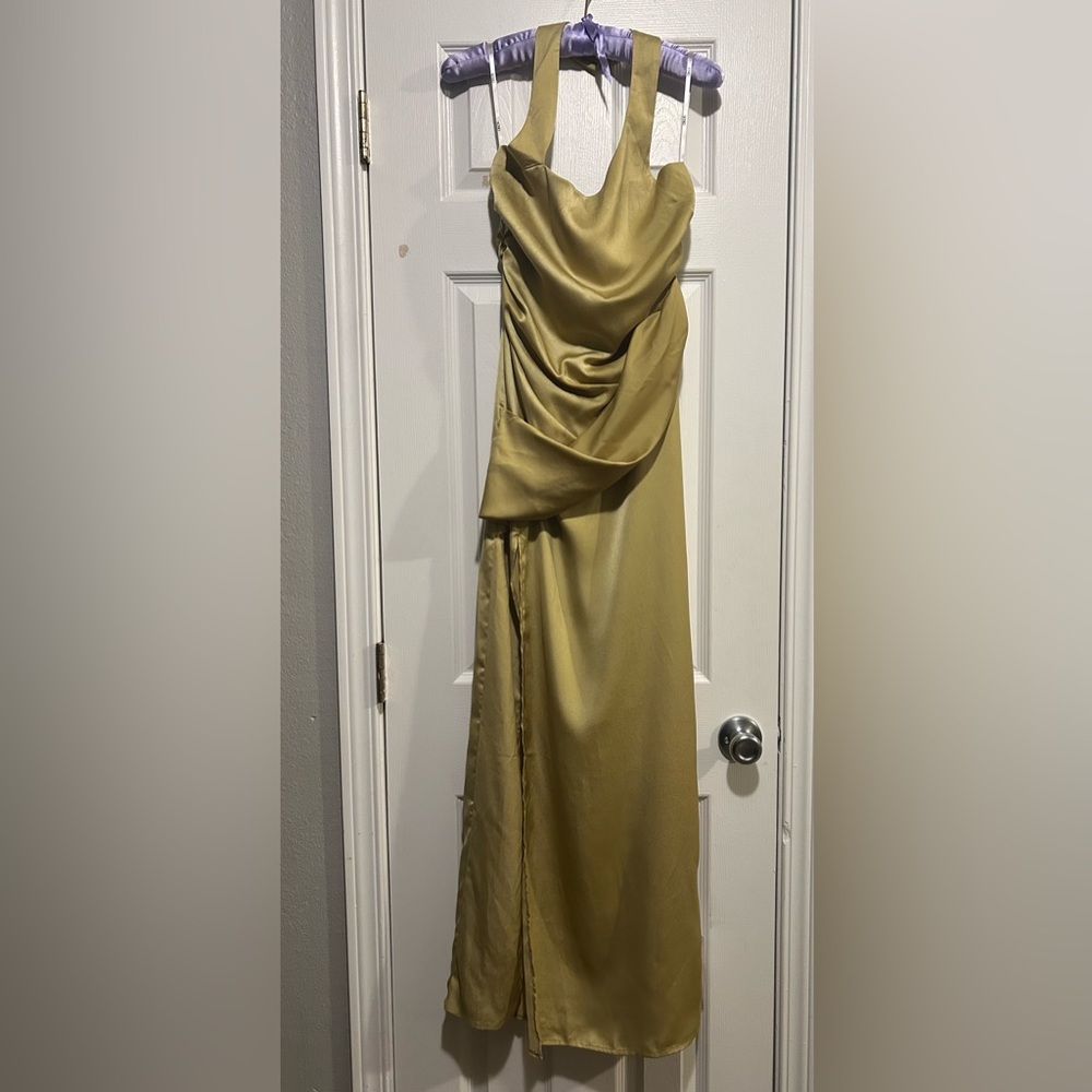 SATIN HALTER CROSSOVER SKIRT MAXI DRESS IN LIGHT OLIVE-GREEN - Picture 2 of 8